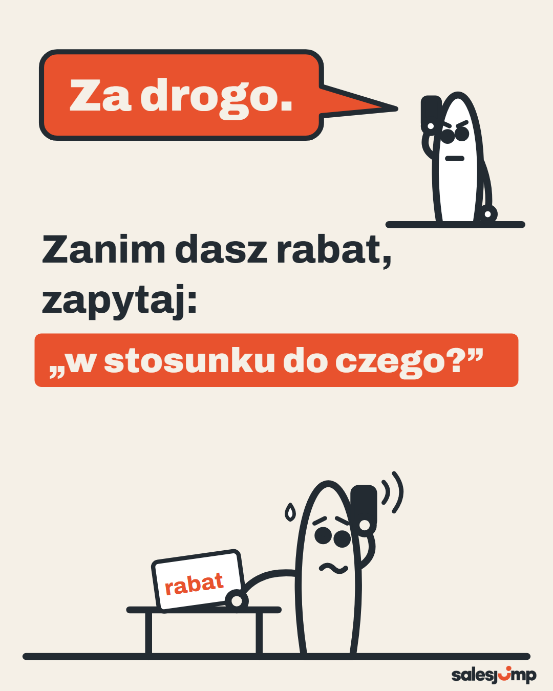 Klient mówi „za drogo”? Zanim dasz rabat, zapytaj: w stosunku do czego? Rysunek handlowca przy telefonie