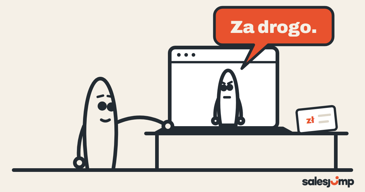 Klient mówi „za drogo” z okna czatu na laptopie, a handlowiec ćwiczy odpowiedź przy biurku