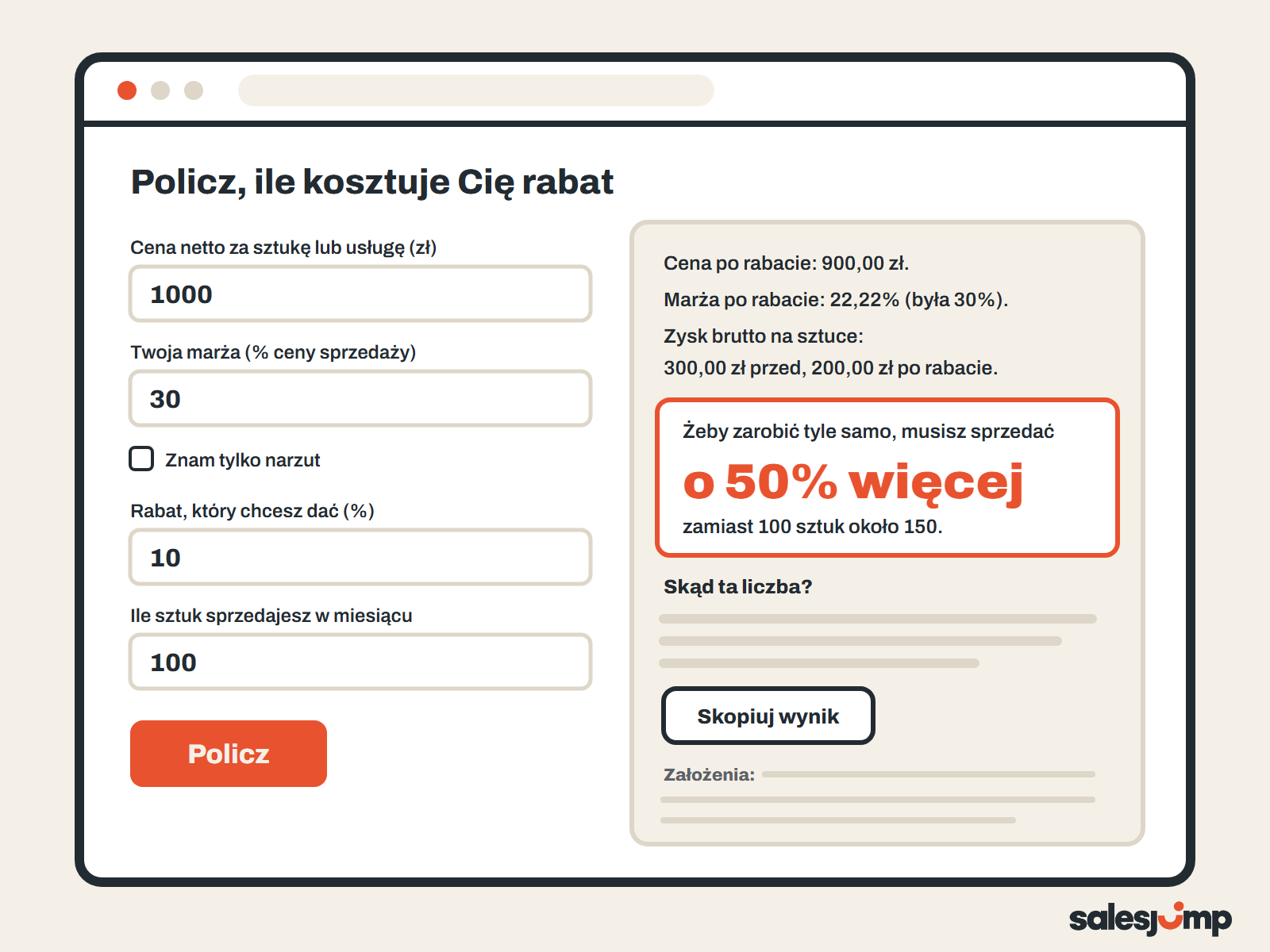 Kalkulator rabatu: cena, marża i rabat, a w wyniku zysk na sztuce i o ile więcej trzeba sprzedać