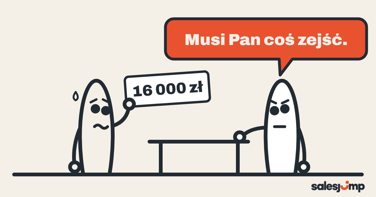 Klient chce rabat i mówi „Musi Pan coś zejść”, a handlowiec trzyma tylko kartkę z jedną liczbą