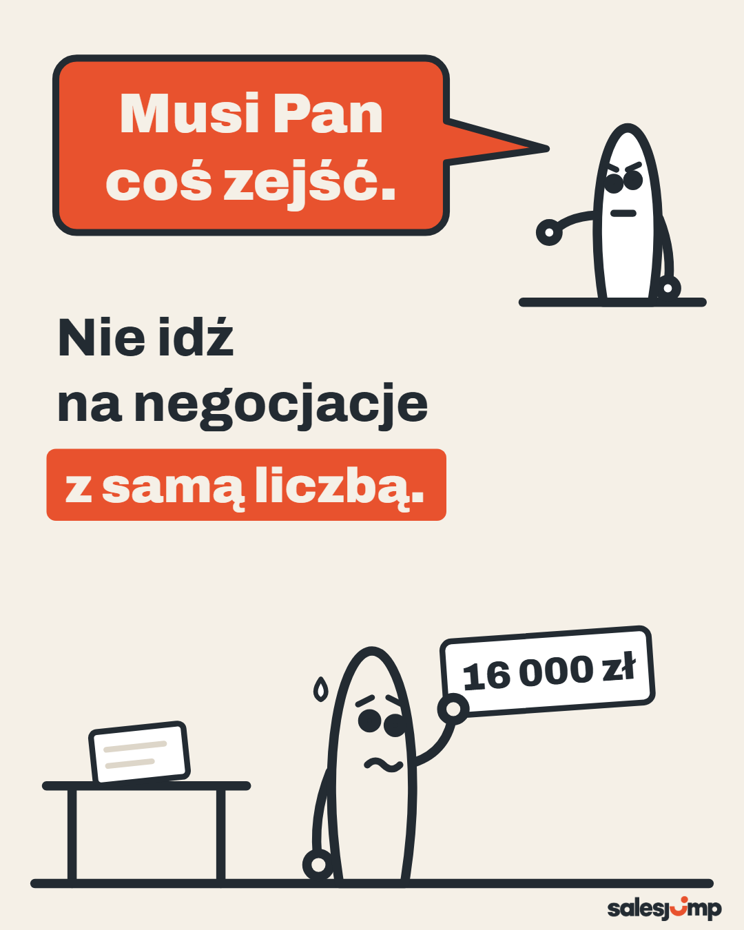 Klient żąda zejścia z ceny, handlowiec ma w ręku tylko kwotę. Napis: nie idź na negocjacje z samą liczbą