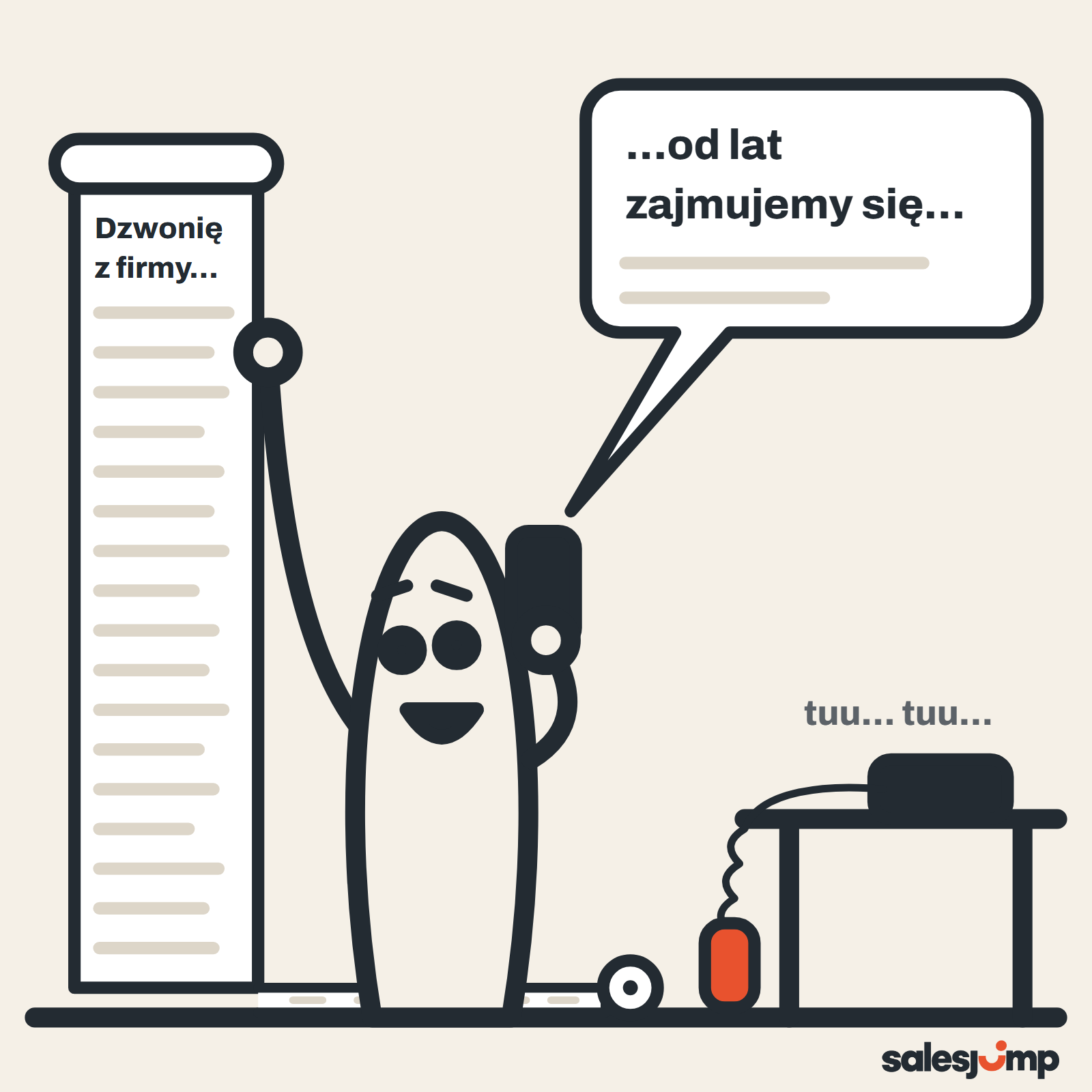 Handlowiec czyta przez telefon długi zwój „dzwonię z firmy…”, a po drugiej stronie słuchawka już zwisa z biurka