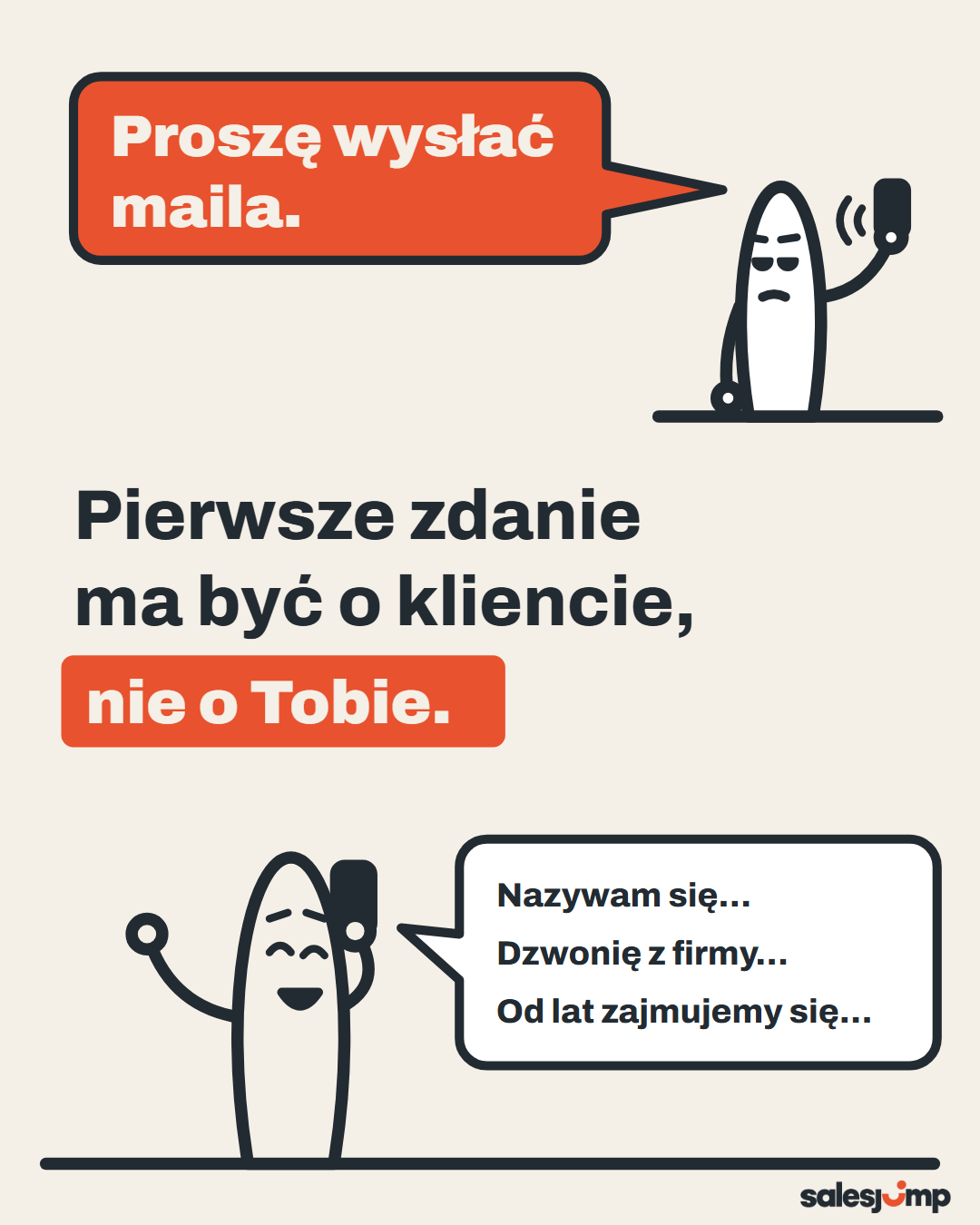 Jak zacząć rozmowę z klientem przez telefon? Pierwsze zdanie ma być o kliencie, nie o Tobie. Rysunek handlowca