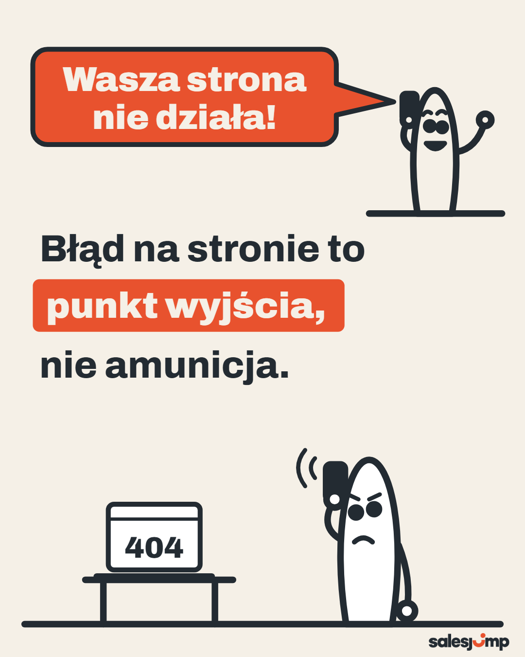 Błąd na stronie firmy to punkt wyjścia do rozmowy, nie amunicja. Rysunek handlowca i klienta przy telefonie