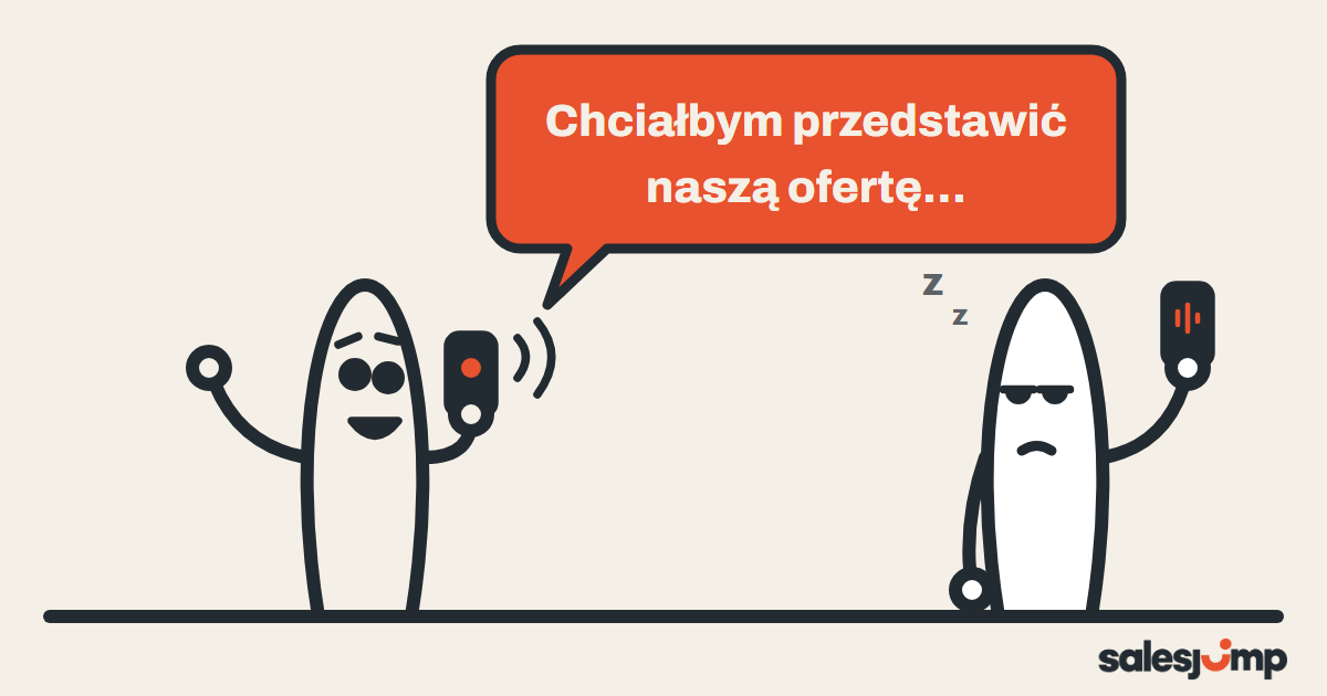 Wiadomość głosowa na LinkedIn o własnej ofercie: handlowiec nagrywa „Chciałbym przedstawić naszą ofertę”, klient przysypia