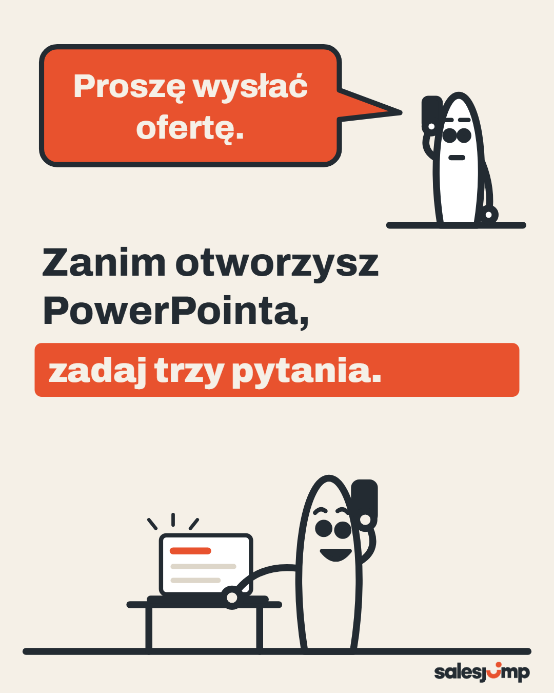Klient prosi o ofertę? Zanim otworzysz PowerPointa, zadaj trzy pytania. Rysunek handlowca przy laptopie