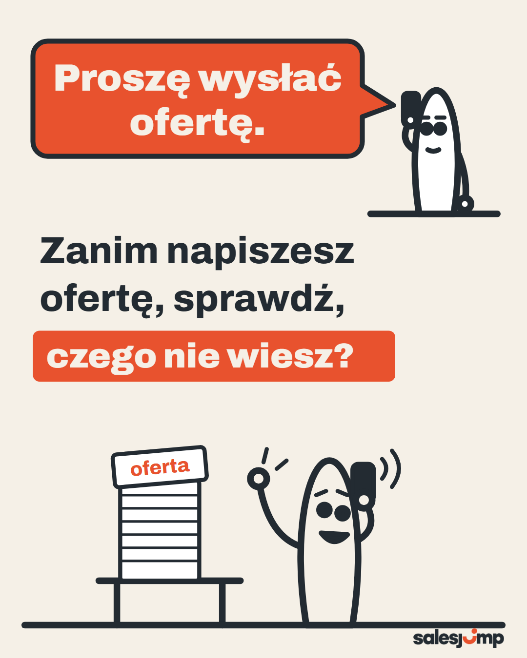 Klient prosi o ofertę? Zanim ją napiszesz, sprawdź, czego nie wiesz. Rysunek handlowca przy telefonie i stosie kartek