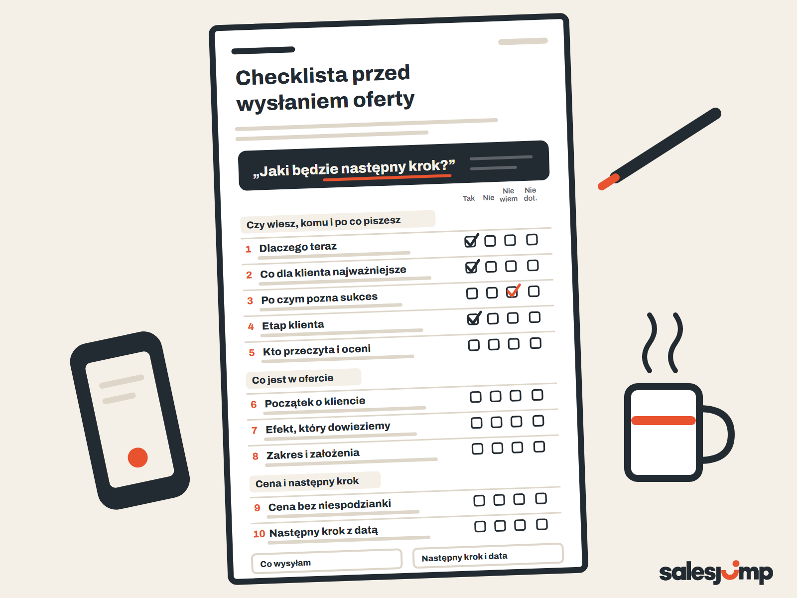 Checklista oferty na jednej kartce: dziesięć punktów do odhaczenia przed wysłaniem i pytanie o następny krok