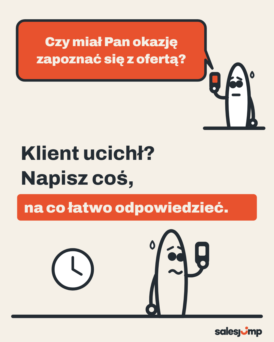 Klient ucichł po ofercie? Napisz coś, na co łatwo odpowiedzieć. Handlowiec czeka z telefonem pod zegarem
