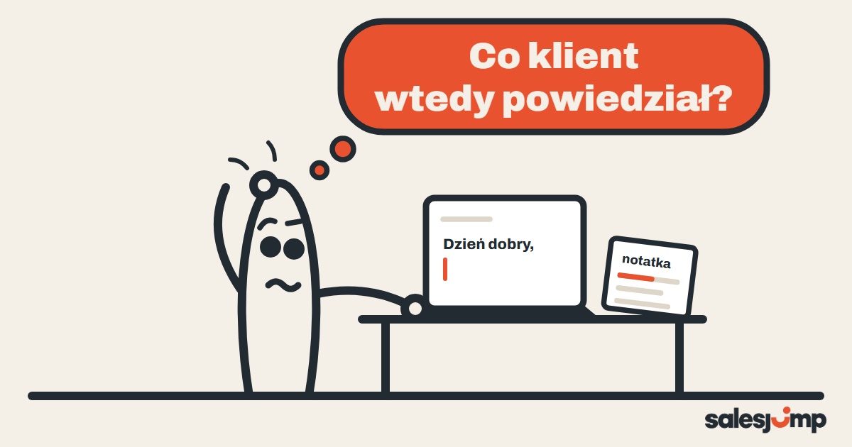 Follow-up po spotkaniu: handlowiec nad pustym mailem drapie się po głowie, a obok leży jego notatka z rozmowy