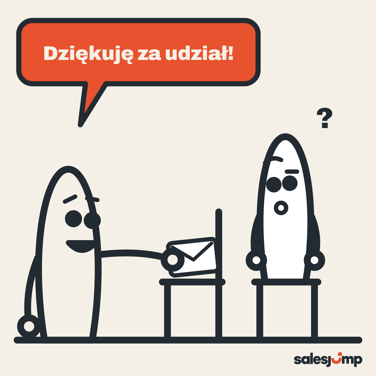 Handlowiec wręcza pustemu krzesłu podziękowanie za udział w webinarze, a klient obok patrzy zdziwiony
