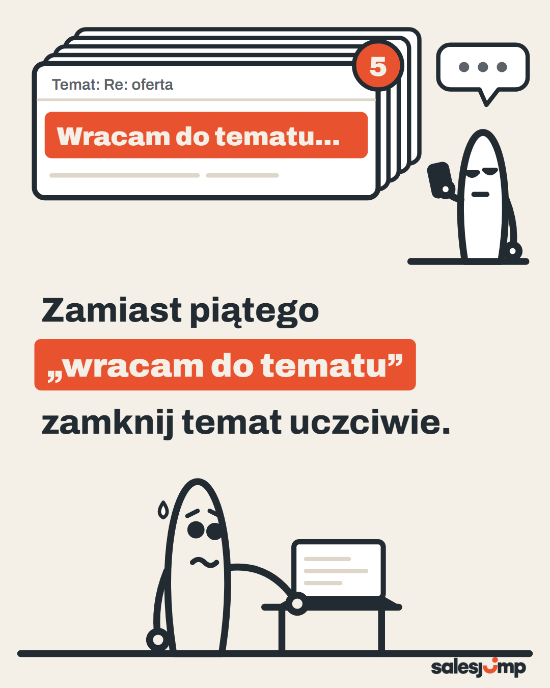 Klient milczy od tygodni? Zamiast piątego „wracam do tematu” zamknij temat uczciwie. Rysunek handlowca przy laptopie