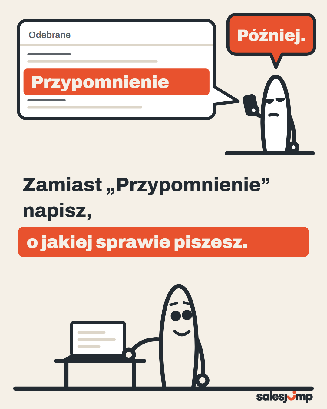 Jak zatytułować maila do klienta? Zamiast „Przypomnienie” napisz, o jakiej sprawie piszesz. Rysunek klienta i handlowca