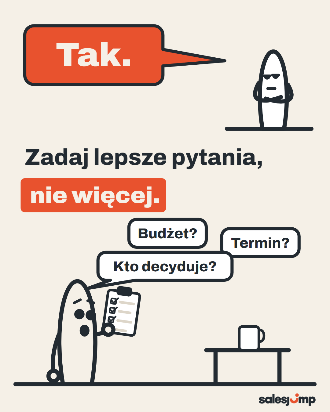 Jak zadawać pytania klientowi? Zadaj lepsze pytania, nie więcej. Handlowiec z listą i klient, który odpowiada „tak”