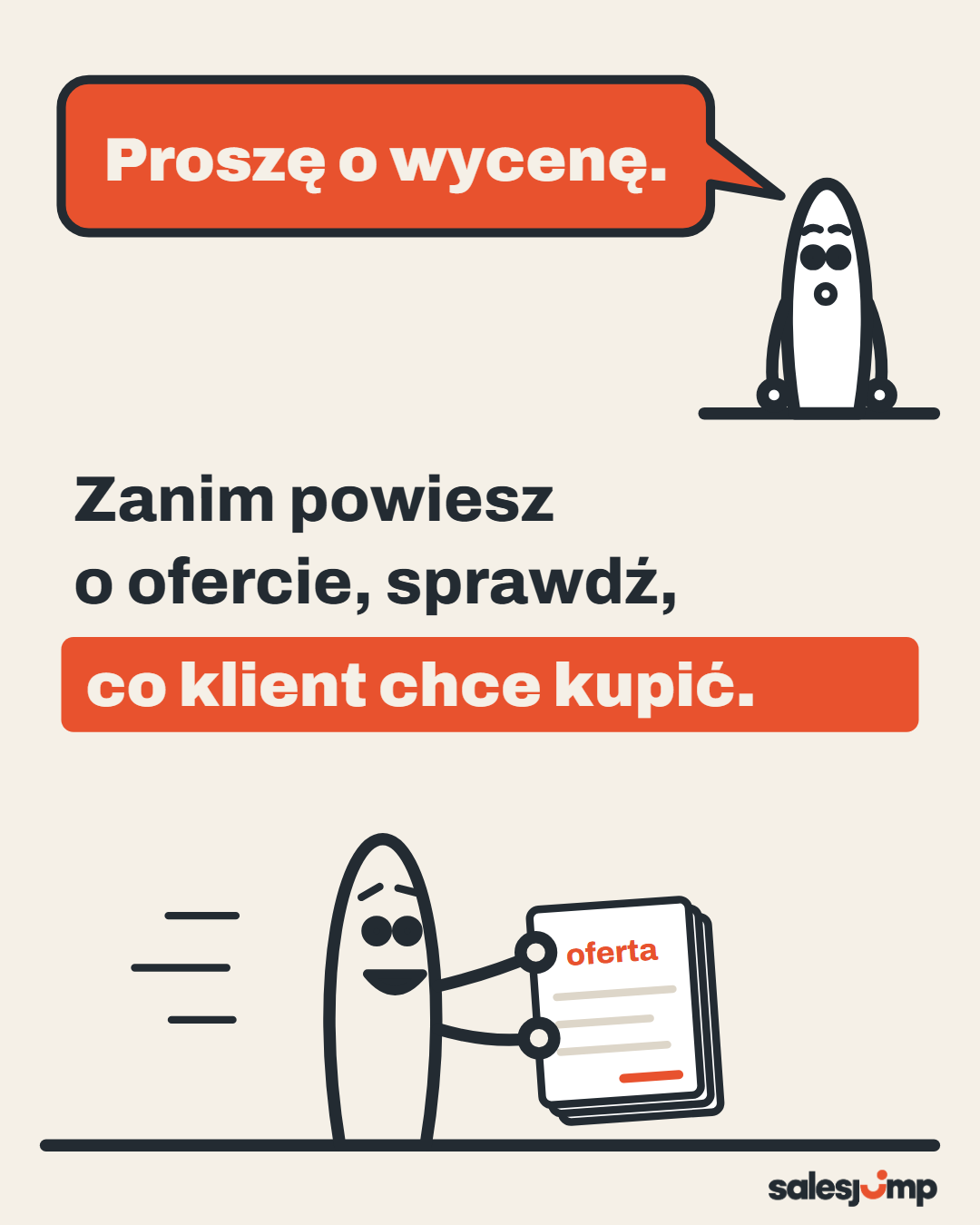 Zanim powiesz o ofercie, sprawdź, co klient chce kupić. Rysunek klienta proszącego o wycenę i handlowca z ofertą