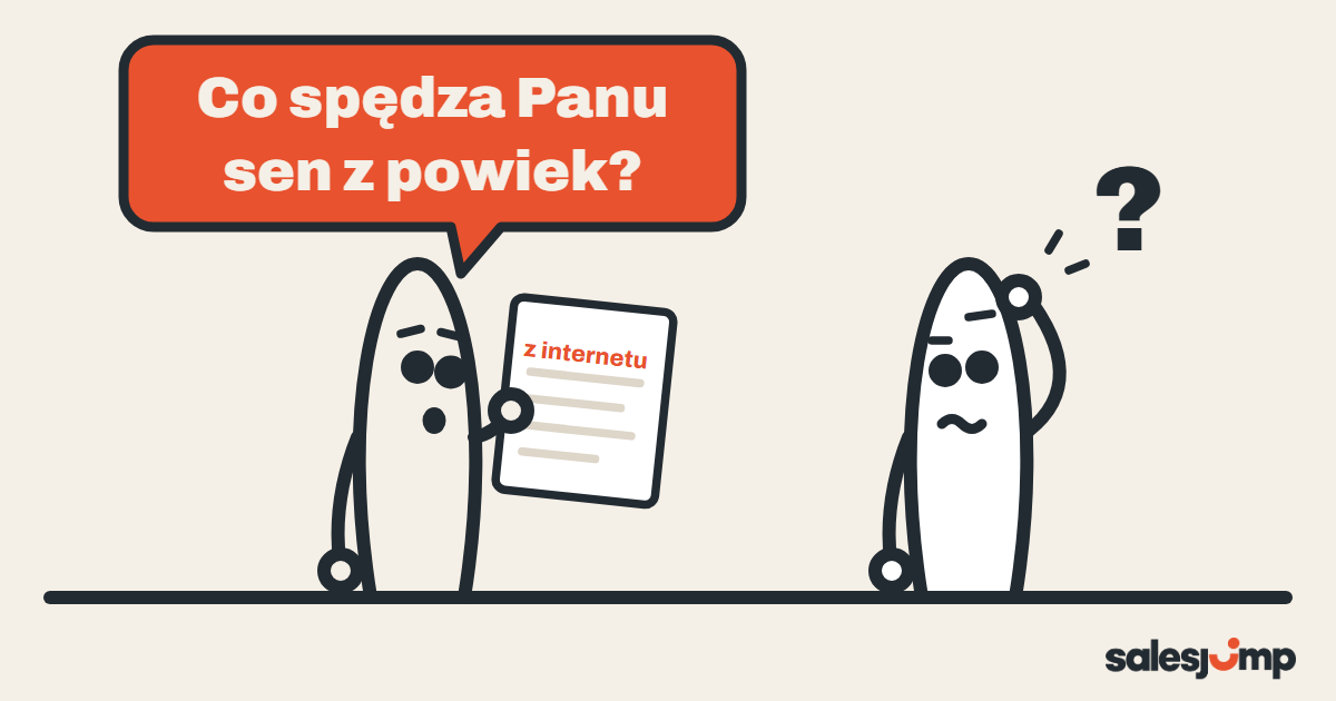 Handlowiec czyta z kartki pytanie z internetu „Co spędza Panu sen z powiek?”, a klient drapie się w głowę