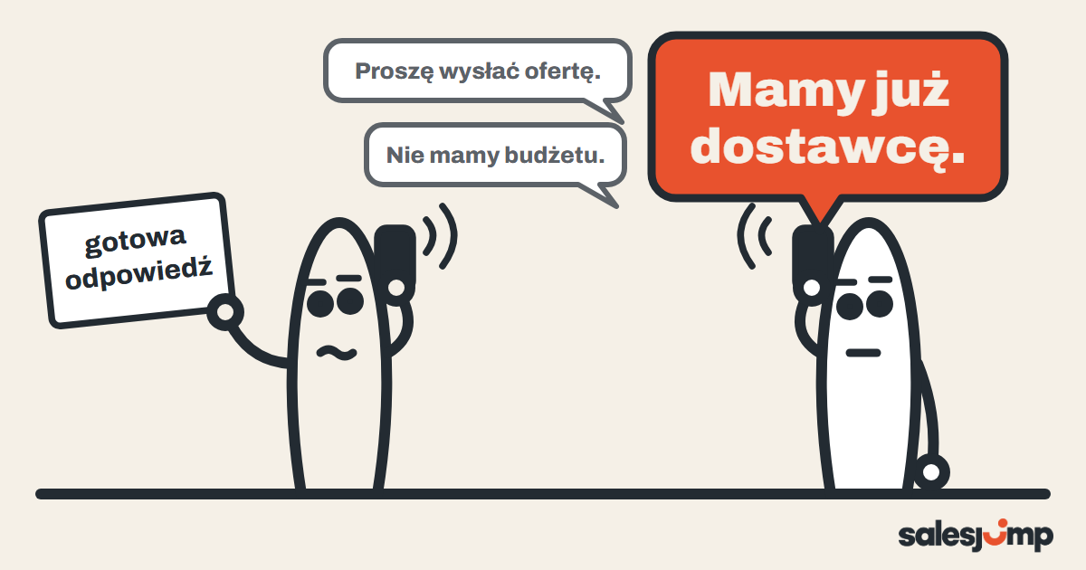 Klient mówi „mamy już dostawcę”, a handlowiec przy telefonie czyta z kartki gotową odpowiedź