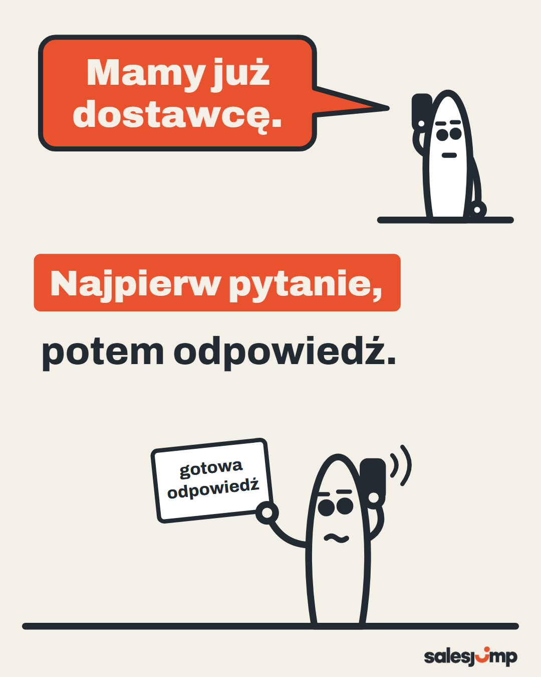 Klient mówi „mamy już dostawcę”? Najpierw pytanie, potem odpowiedź. Rysunek handlowca z gotową odpowiedzią