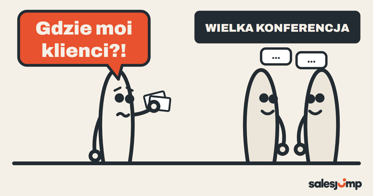 Jak wybrać targi dla firmy: handlowiec z wizytówkami na wielkiej konferencji pyta, gdzie są jego klienci