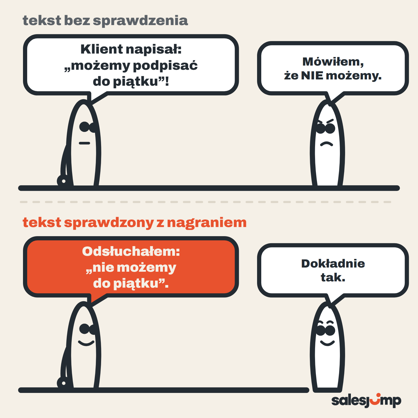 Transkrypcja rozmowy z klientem: tekst bez sprawdzenia przekręca „nie możemy”, odsłuchanie fragmentu to ratuje