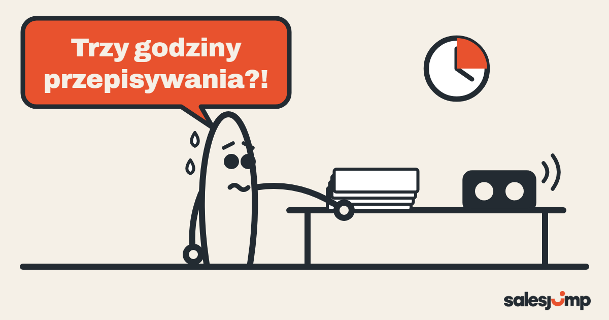 Jak przepisać nagranie rozmowy: handlowiec od trzech godzin ręcznie przepisuje nagranie, obok rośnie stos kartek