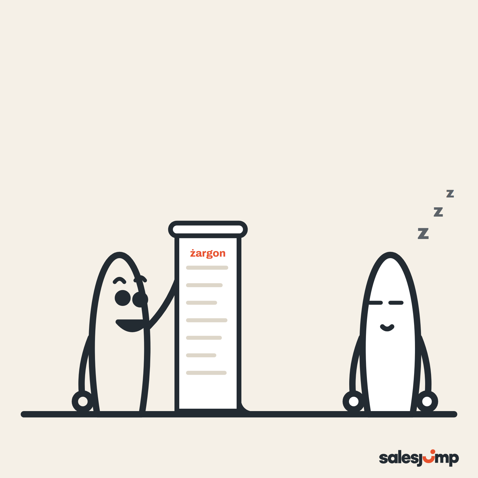 Słowa klientów z rozmów pominięte: firma czyta klientowi zwój żargonu, a klient zasnął