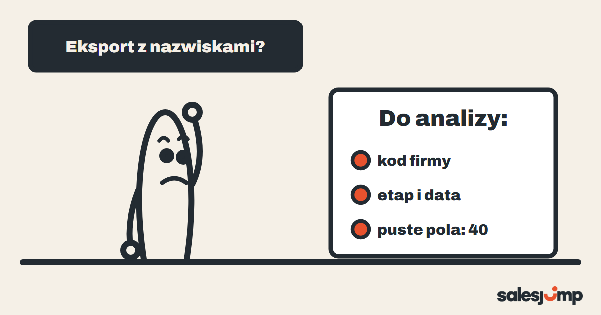 Zamiast eksportu z nazwiskami handlowiec ma do analizy kody firm, etapy, daty i liczbę pustych pól