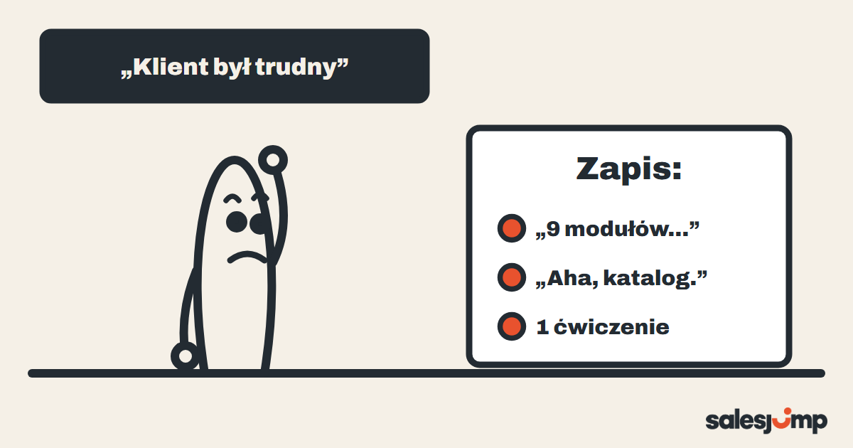 Handlowiec mówi „klient był trudny”, a zapis rozmowy pokazuje zdanie, po którym klient poprosił tylko o katalog