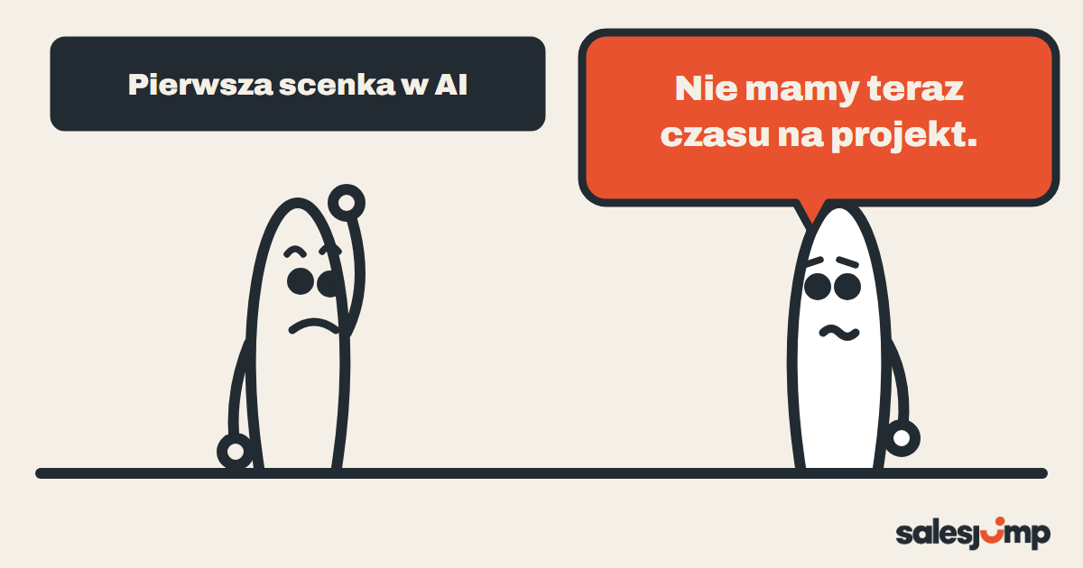 Nowy handlowiec ćwiczy w czacie z AI rozmowę z klientem, który mówi, że nie ma czasu na projekt