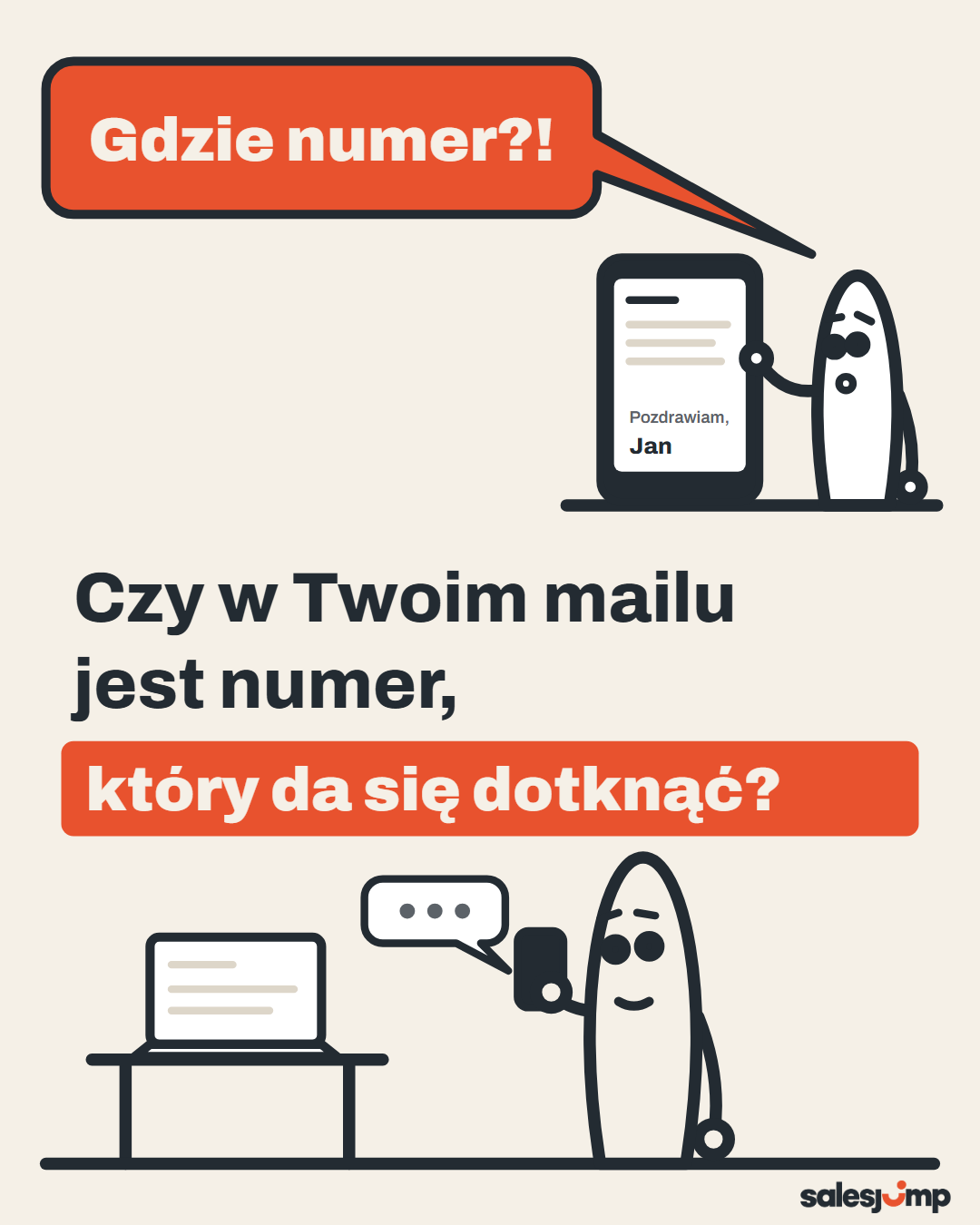 Klient szuka numeru w mailu, handlowiec czeka. Napis: czy w Twoim mailu jest numer, który da się dotknąć?