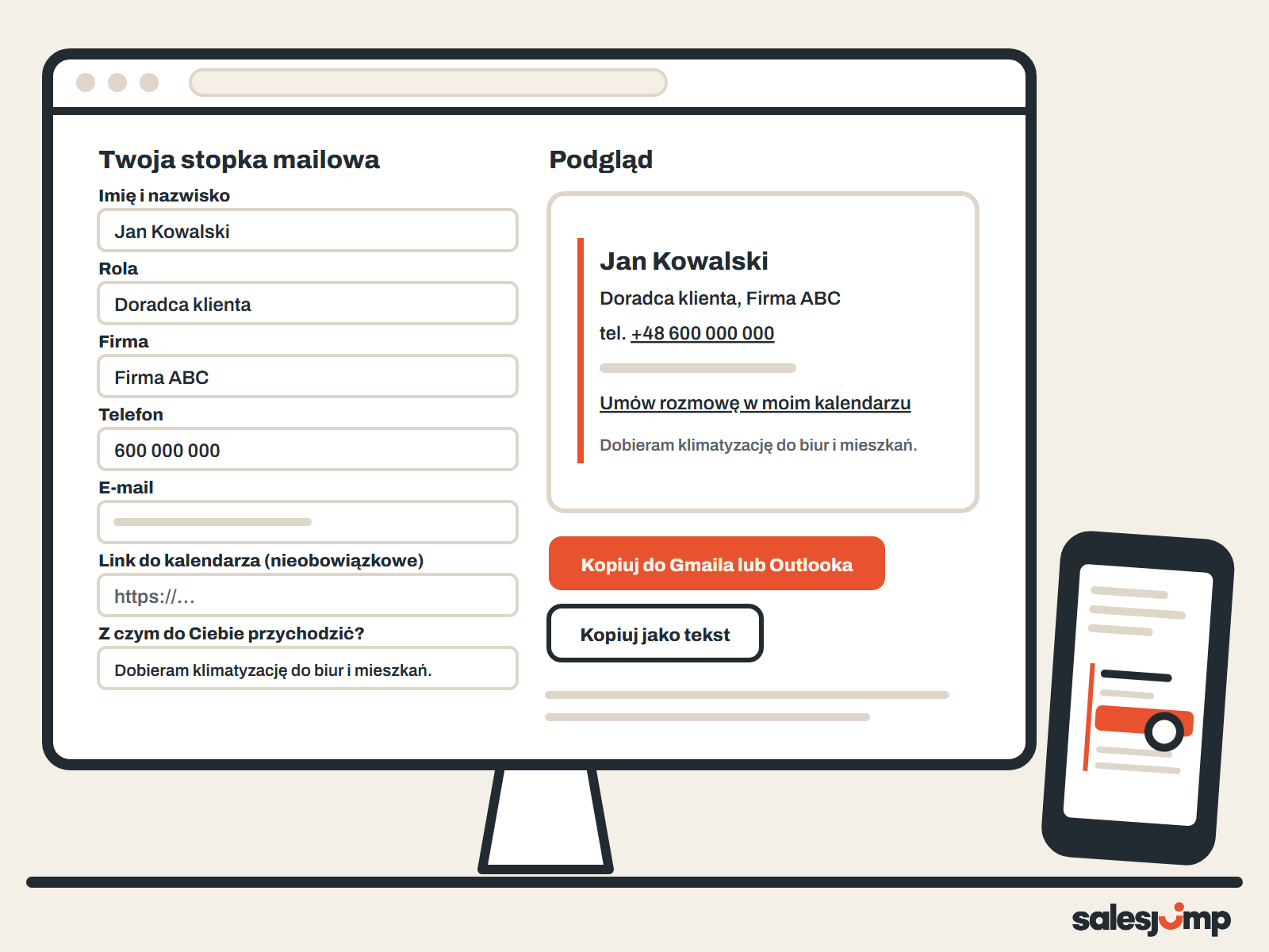 Ekran generatora stopki mailowej: pola z przykładowymi danymi, podgląd stopki i przyciski kopiowania do Gmaila