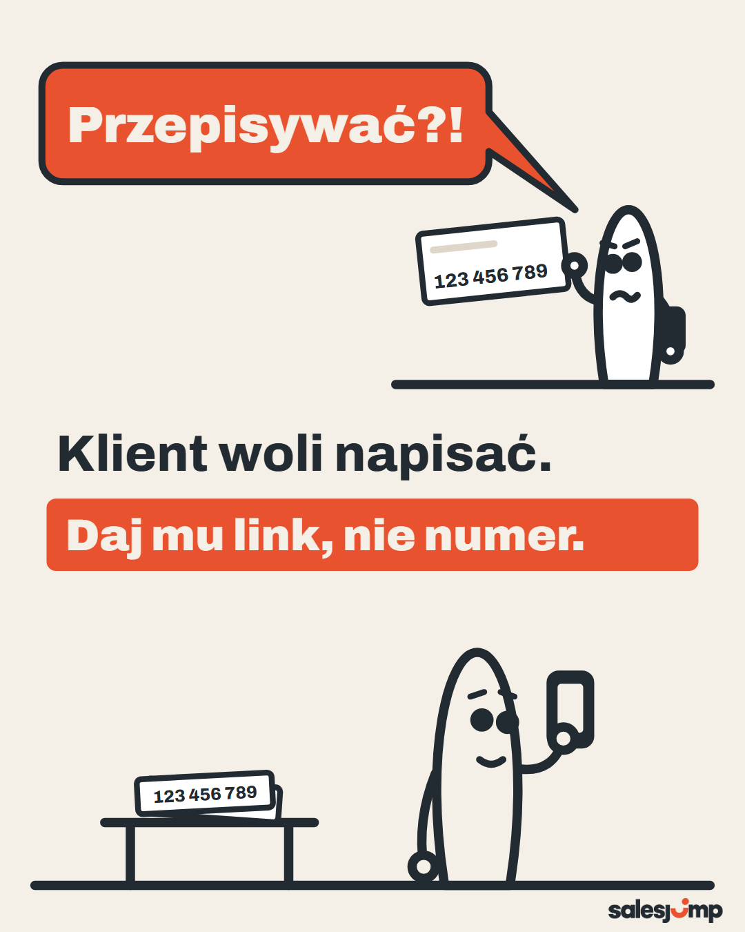 Klient woli napisać, daj mu link do WhatsAppa, nie numer: klient nad kartką z cyframi, handlowiec czeka