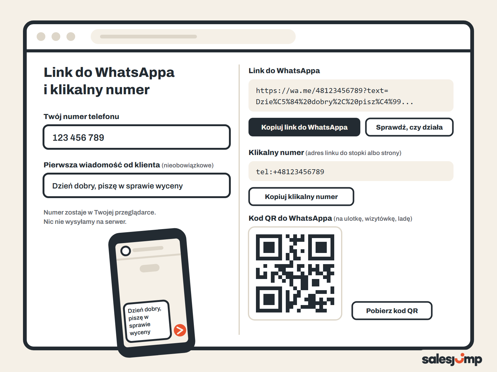 Ekran generatora: numer i pierwsza wiadomość, a obok link wa.me, klikalny numer, kod QR i telefon z rozmową